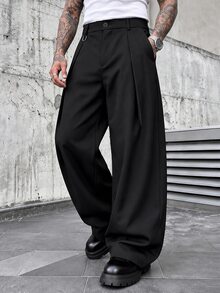Manfinity CasualCool Men's Mature Casual Pleated Pure Formal Color Loose Black Long Pants, Perfect Choice For Holiday Gift - Black - View 4