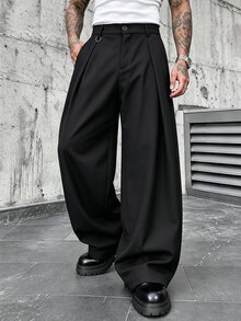 Manfinity CasualCool Men's Mature Casual Pleated Pure Formal Color Loose Black Long Pants, Perfect Choice For Holiday Gift - Black - View 3