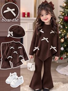 SHEIN Baby Girls 2pcs Set Graphic Knit Round Neck Long Sleeve Loose Ribbed T-Shirt Set, Cute Fall Winter, Brown Top - Brown - View 1