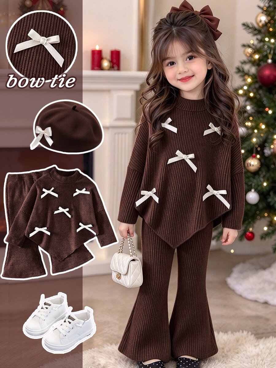 SHEIN Baby Girls 2pcs Set Graphic Knit Round Neck Long Sleeve Loose Ribbed T-Shirt Set, Cute Fall Winter, Brown Top - Brown - View 1