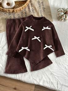 SHEIN Baby Girls 2pcs Set Graphic Knit Round Neck Long Sleeve Loose Ribbed T-Shirt Set, Cute Fall Winter, Brown Top - Brown - View 6