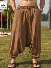 Genlund Plus Size Men's Mature Casual Loose Fit Brown Pants, Traceable Cotton Fabric Design - Rust Brown - View 4