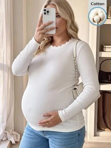 Plussiva ملابس علوية متعددة الاستخدامات بأكمام طويلة بلون موحد للنساء الحوامل مقاس كبير - أبيض - مشاهدة 2