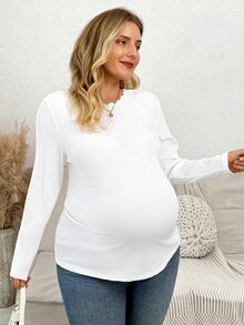 Plussiva ملابس علوية متعددة الاستخدامات بأكمام طويلة بلون موحد للنساء الحوامل مقاس كبير - أبيض - مشاهدة 4