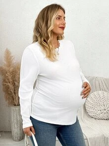 Plussiva ملابس علوية متعددة الاستخدامات بأكمام طويلة بلون موحد للنساء الحوامل مقاس كبير - أبيض - مشاهدة 3