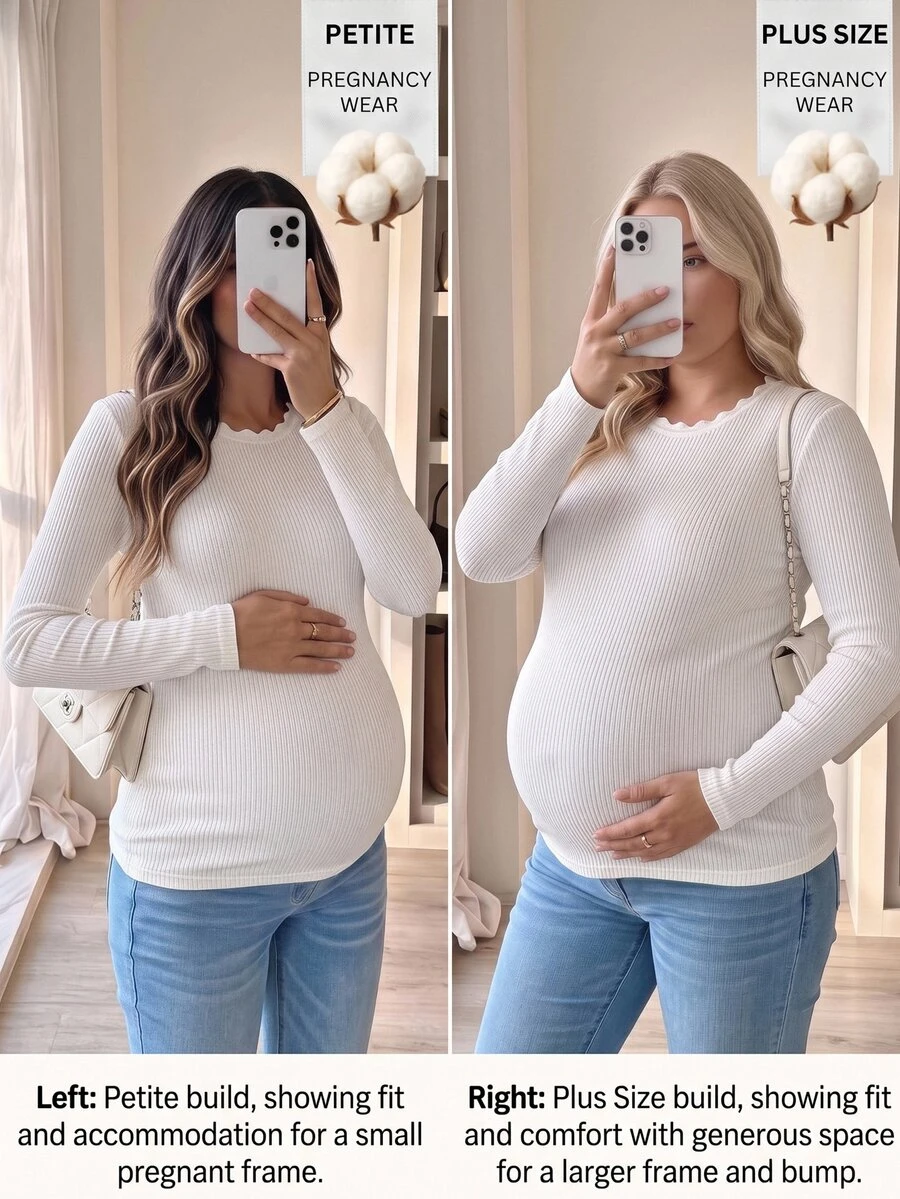 Plussiva ملابس علوية متعددة الاستخدامات بأكمام طويلة بلون موحد للنساء الحوامل مقاس كبير - أبيض - مشاهدة 1