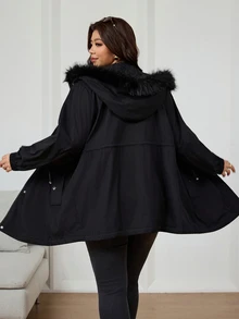 Reflora Plus Size Women's Solid Color Long Sleeve Zip-Up Cinched Waist Patchwork Fur Hooded Jacket Black Fall Casual Dressy Baggy Office Going Out Airport - Black - View 9