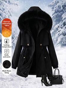Reflora Plus Size Women's Solid Color Long Sleeve Zip-Up Cinched Waist Patchwork Fur Hooded Jacket Black Fall Casual Dressy Baggy Office Going Out Airport - Black - View 1