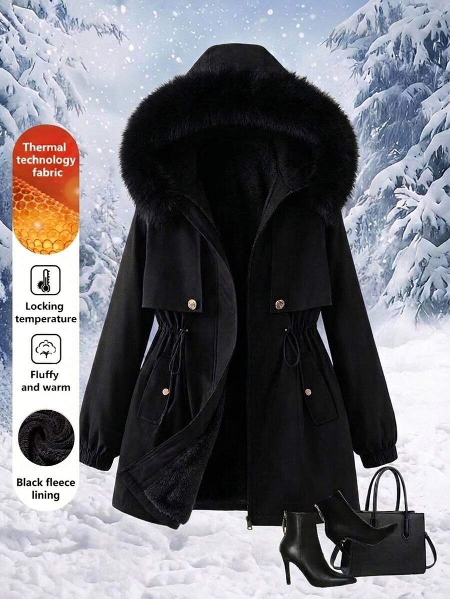 Reflora Plus Size Women's Solid Color Long Sleeve Zip-Up Cinched Waist Patchwork Fur Hooded Jacket Black Fall Casual Dressy Baggy Office Going Out Airport - Black - View 1
