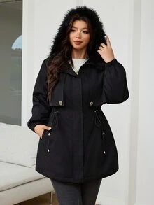 Reflora Plus Size Women's Solid Color Long Sleeve Zip-Up Cinched Waist Patchwork Fur Hooded Jacket Black Fall Casual Dressy Baggy Office Going Out Airport - Black - View 5