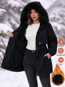 Reflora Plus Size Women's Solid Color Long Sleeve Zip-Up Cinched Waist Patchwork Fur Hooded Jacket Black Fall Casual Dressy Baggy Office Going Out Airport - Black - View 13