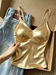 Franclia Women's Metallic Texture Fashion Casual Camisole - Gold - View 4
