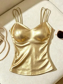 Franclia Women's Metallic Texture Fashion Casual Camisole - Gold - View 1