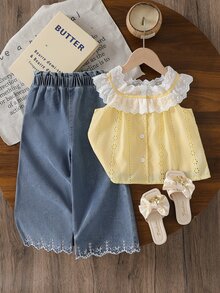 SHEIN 2pcs/Set Girls' Summer Ruffled Floral Embroidered Lace Sleeveless Top Denim Flared Pants For Matching Family Vacation Casual Suit 7th Birthday White - Yellow - View 5