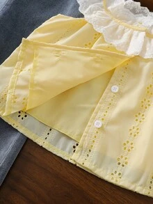 SHEIN 2pcs/Set Girls' Summer Ruffled Floral Embroidered Lace Sleeveless Top Denim Flared Pants For Matching Family Vacation Casual Suit 7th Birthday White - Yellow - View 8