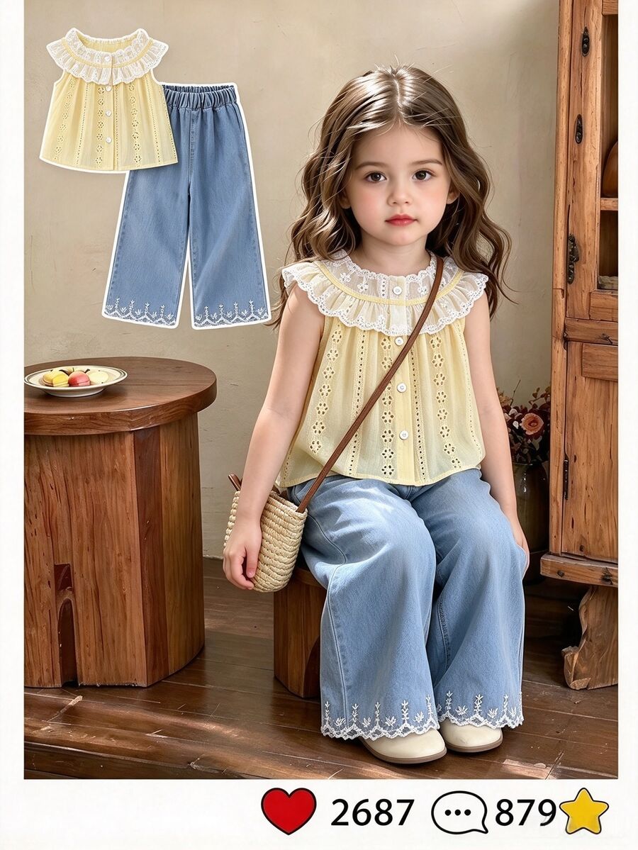 SHEIN 2pcs/Set Girls' Summer Ruffled Floral Embroidered Lace Sleeveless Top Denim Flared Pants For Matching Family Vacation Casual Suit 7th Birthday White