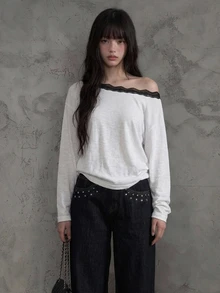 DAZY Contrast Lace Trim Loose Long Sleeve Asymmetrical Shoulder Casual Vacation Korean Street Style Spring Autumn Women's T-Shirt - White - View 4