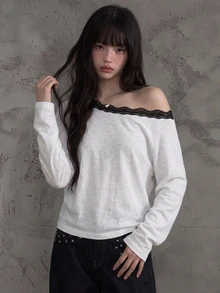 DAZY Contrast Lace Trim Loose Long Sleeve Asymmetrical Shoulder Casual Vacation Korean Street Style Spring Autumn Women's T-Shirt - White - View 6