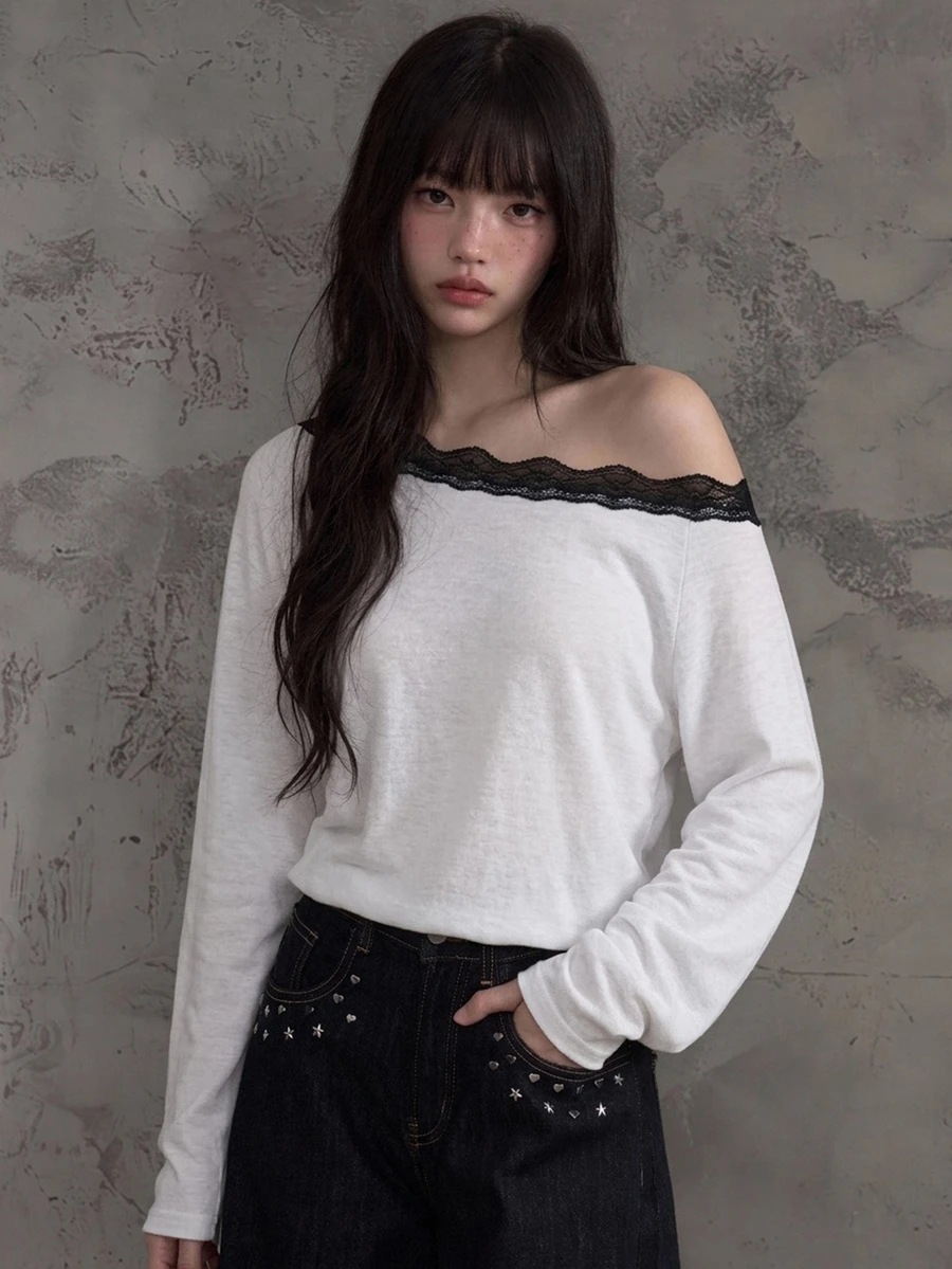 DAZY Contrast Lace Trim Loose Long Sleeve Asymmetrical Shoulder Casual Vacation Korean Street Style Spring Autumn Women's T-Shirt - White - View 1