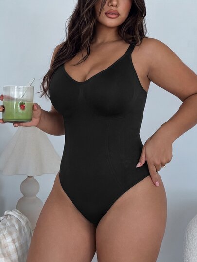 Firerie 1pc Women Plus Size Seamless Shapewear All-In-One Bodysuit, Waist & Abdomen Slimming, Snap Crotch, Can Be Worn Outerwear