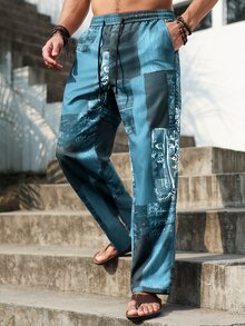 Manfinity RSRT 男士彩色拼接弹力腰直筒裤，假日款 - 藍色 - 查看 6