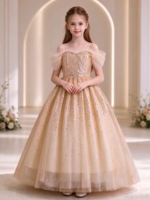 SHEIN Tween Girls Elegant Gold Sequin Cold Shoulder Tulle Party Dress, Luxury Sparkly Princess Mesh Gown Ba Christmas - Apricot - View 8