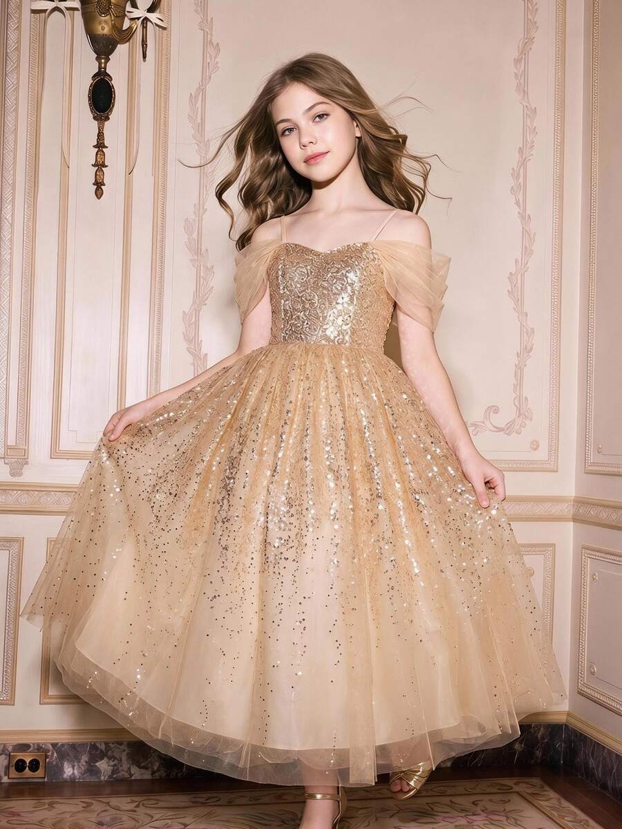 SHEIN Tween Girls Elegant Gold Sequin Cold Shoulder Tulle Party Dress, Luxury Sparkly Princess Mesh Gown Ba Christmas
