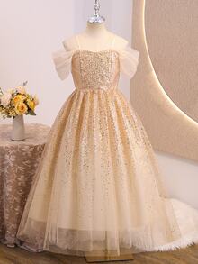 SHEIN Tween Girls Elegant Gold Sequin Cold Shoulder Tulle Party Dress, Luxury Sparkly Princess Mesh Gown Ba Christmas - Apricot - View 9