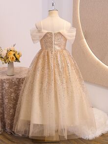SHEIN Tween Girls Elegant Gold Sequin Cold Shoulder Tulle Party Dress, Luxury Sparkly Princess Mesh Gown Ba Christmas - Apricot - View 3