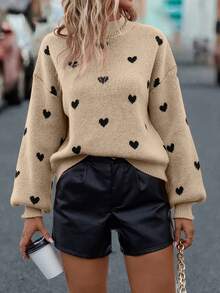 SHEIN Heart Pattern Mock Neck Drop Shoulder Jumper - Apricot - View 3