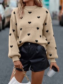 SHEIN Heart Pattern Mock Neck Drop Shoulder Jumper - Apricot - View 4