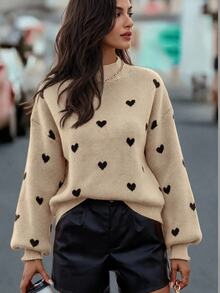SHEIN Heart Pattern Mock Neck Drop Shoulder Jumper - Apricot - View 1