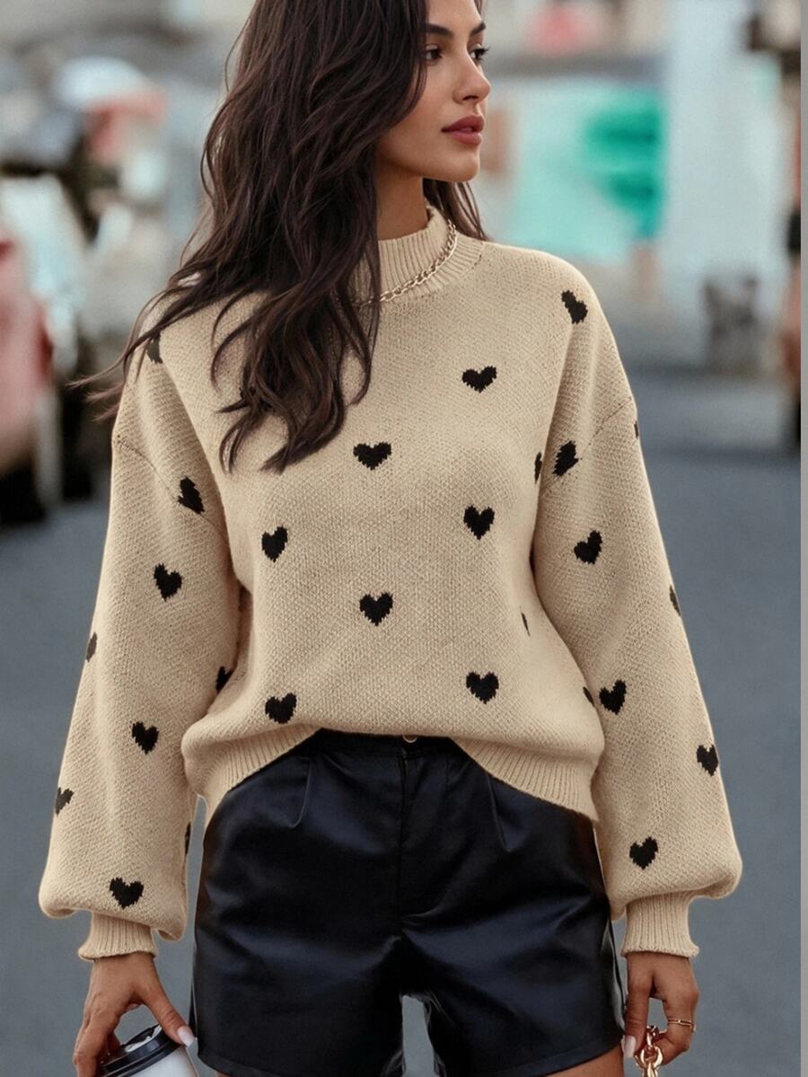 SHEIN Heart Pattern Mock Neck Drop Shoulder Jumper - Apricot - View 1