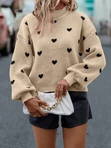SHEIN Heart Pattern Mock Neck Drop Shoulder Jumper - Apricot - View 7