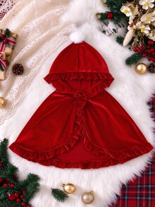 SHEIN 1Pc Baby Girls Christmas Velvet Cape, Ruffle Trim Hooded Cloak With Pom Pom, Regular Thickness, Holiday Party Outerwear For Fall & Winter - Red - View 1