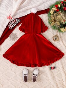 SHEIN 1Pc Baby Girls Christmas Velvet Cape, Ruffle Trim Hooded Cloak With Pom Pom, Regular Thickness, Holiday Party Outerwear For Fall & Winter - Red - View 2