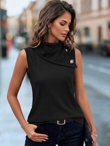 SHEIN Mock Neck Button Detail Tank Top - Black - View 9