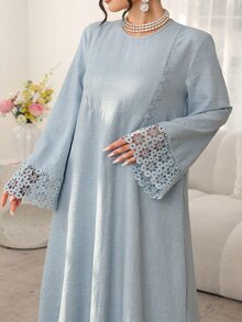 Al Najma Navy Blue Patchwork Ribbon Trim Loose Casual Modest Matching Dress For Women Family, Long Sleeve, Round Neck, Straight, Fall - Blue - View 5