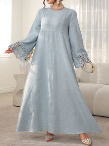 Al Najma Navy Blue Patchwork Ribbon Trim Loose Casual Modest Matching Dress For Women Family, Long Sleeve, Round Neck, Straight, Fall - Blue - View 8