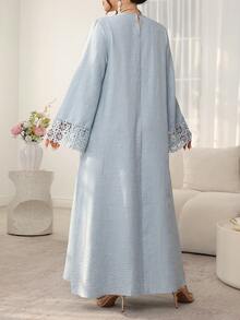 Al Najma Navy Blue Patchwork Ribbon Trim Loose Casual Modest Matching Dress For Women Family, Long Sleeve, Round Neck, Straight, Fall - Blue - View 2