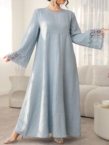 Al Najma Navy Blue Patchwork Ribbon Trim Loose Casual Modest Matching Dress For Women Family, Long Sleeve, Round Neck, Straight, Fall - Blue - View 6