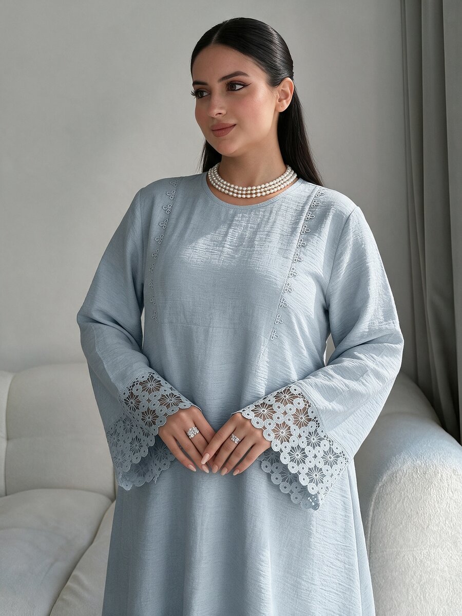 Al Najma Navy Blue Patchwork Ribbon Trim Loose Casual Modest Matching Dress For Women Family, Long Sleeve, Round Neck, Straight, Fall - Blue - View 1