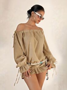 Sirith Tropical Boho French Style Ruffle Trim Off-Shoulder Tie Bow Sheer Fall Vacation Date Beach Party Women's Cover Up Shirt Khaki - Khaki - View 1