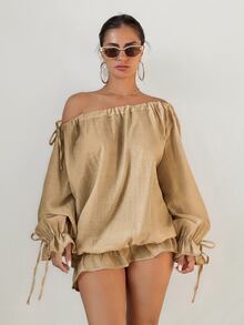 Sirith Tropical Boho French Style Ruffle Trim Off-Shoulder Tie Bow Sheer Fall Vacation Date Beach Party Women's Cover Up Shirt Khaki - Khaki - View 11