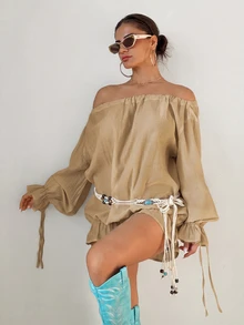 Sirith Tropical Boho French Style Ruffle Trim Off-Shoulder Tie Bow Sheer Fall Vacation Date Beach Party Women's Cover Up Shirt Khaki - Khaki - View 7