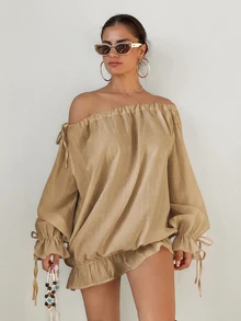 Sirith Tropical Boho French Style Ruffle Trim Off-Shoulder Tie Bow Sheer Fall Vacation Date Beach Party Women's Cover Up Shirt Khaki - Khaki - View 12