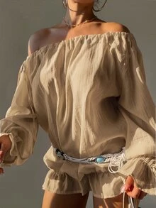 Sirith Tropical Boho French Style Ruffle Trim Off-Shoulder Tie Bow Sheer Fall Vacation Date Beach Party Women's Cover Up Shirt Khaki - Khaki - View 5