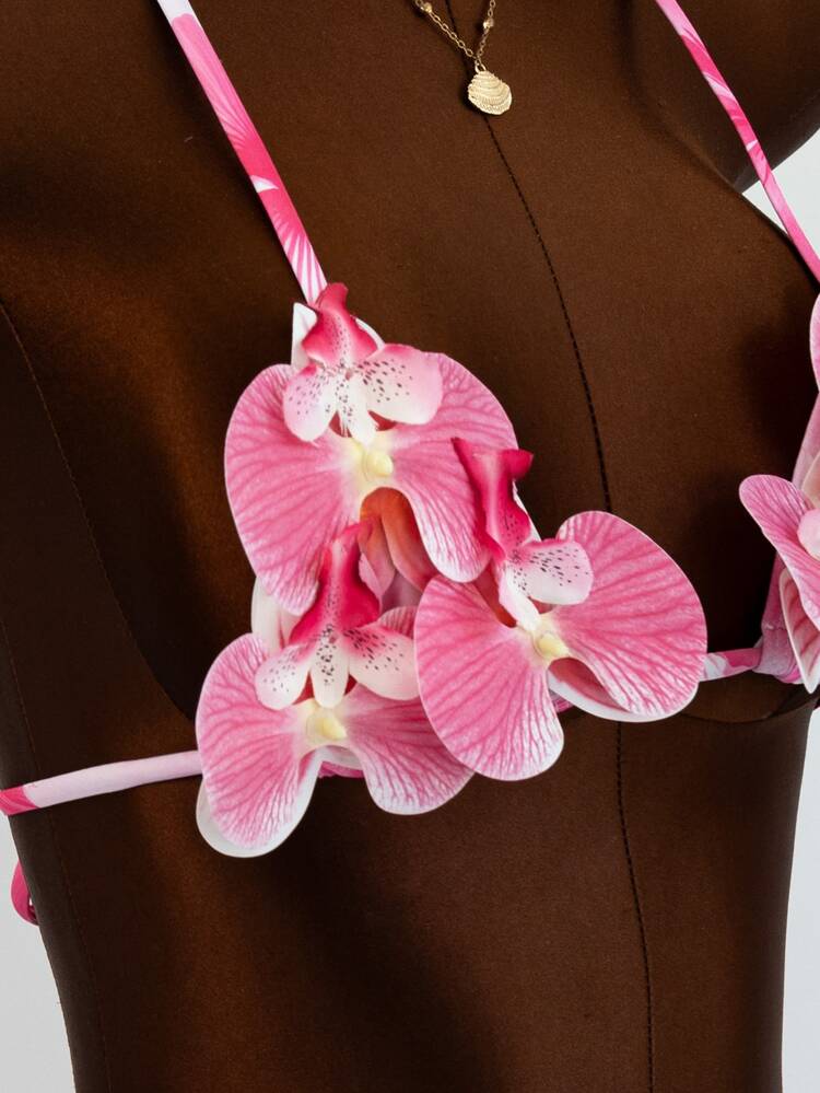 Sirith New Fashion Print 3-Piece Set 3D Orchid Halter Bikini Top Tie-Up Triangle Bottoms Ruffle Mesh Mini Skirt Beach Vacation Swimwear Set (Detachable Petals, Random Flower) - Multicolor - View 12