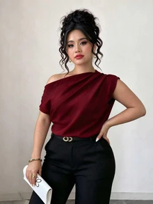 Elenzga 春夏秋優雅通勤外出度假風極簡休閒女款百搭大尺碼襯衫 辦公室派對酒紅色 - 酒紅色 - 查看 5