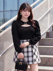 Bijouette Plus Size Women Solid Color Casual Versatile Daily Wear T-Shirt - Black - View 7